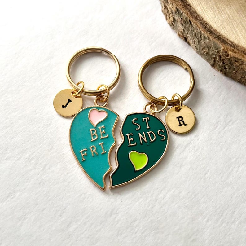 Best Friend Keyrings - Pair of Personalised Split Heart Halves for You and Them with Initial - Matching Friendship Keepsake Charm Keychain