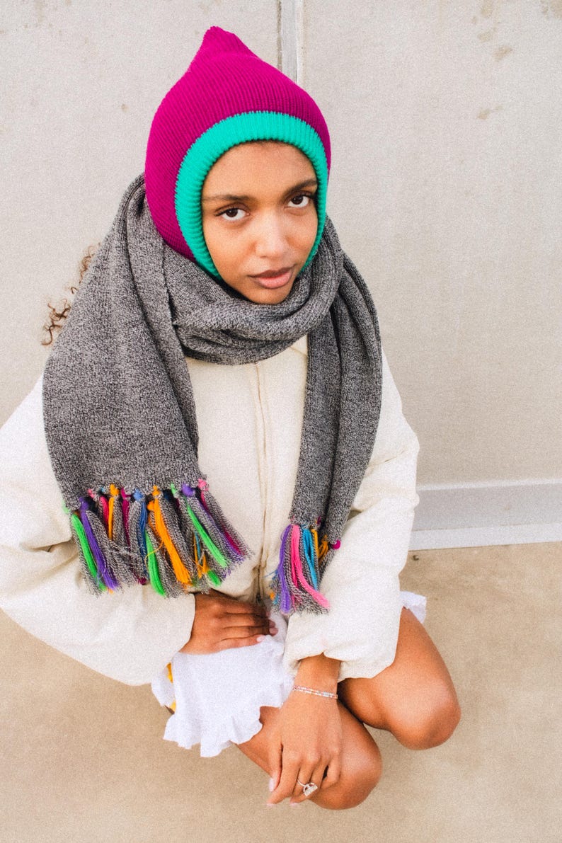 Merino wool oversized scarf in gray & multicolored tassels