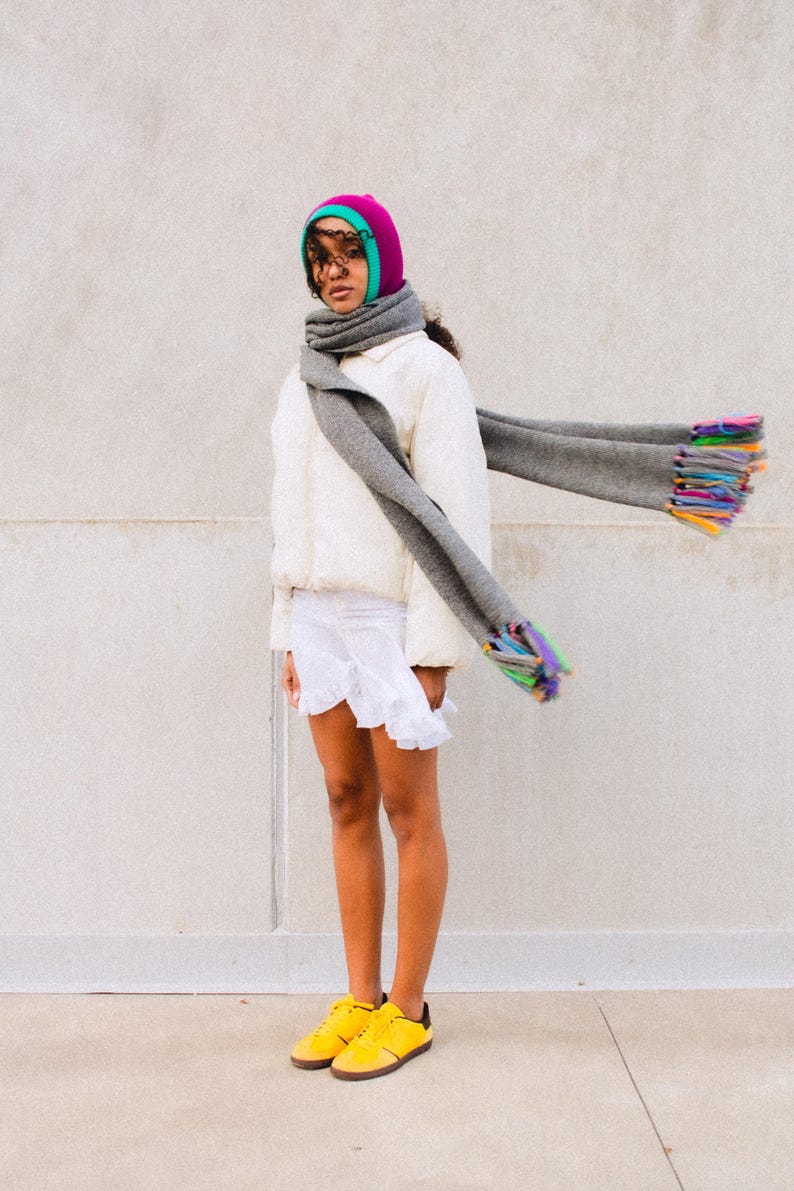 Merino wool oversized scarf in gray & multicolored tassels