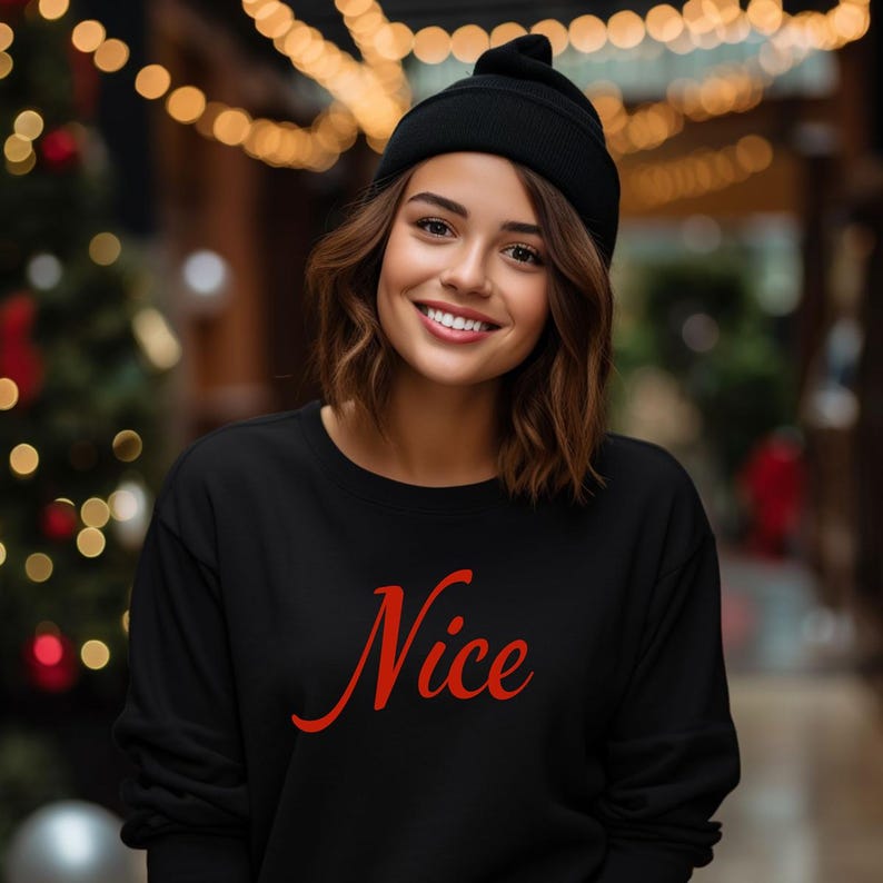 Nice | PUFF PRINT | Minimalist Christmas Crewneck Sweatshirt | High-Quality Holiday Pullover | Cozy Unisex Winter Apparel