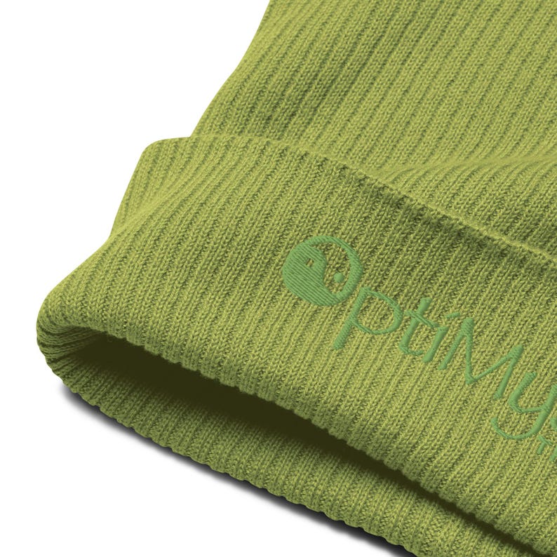 Organic cotton beanie cap covers your “OptiMystic Thinker” head with subtle style.