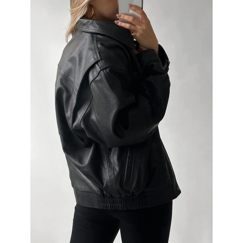 1990's Women Retro Vintage Black Oversized Leather Jacket, Ladies Handmade Oversize Bomber Lambskin Soft Real Leather Jacket, Christmas Gift