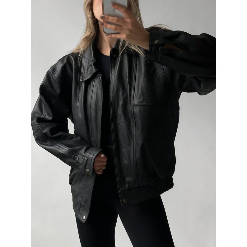 1990's Women Retro Vintage Black Oversized Leather Jacket, Ladies Handmade Oversize Bomber Lambskin Soft Real Leather Jacket, Christmas Gift