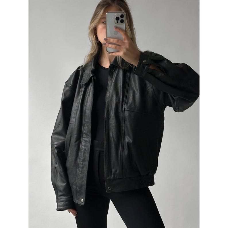 1990's Women Retro Vintage Black Oversized Leather Jacket, Ladies Handmade Oversize Bomber Lambskin Soft Real Leather Jacket, Christmas Gift