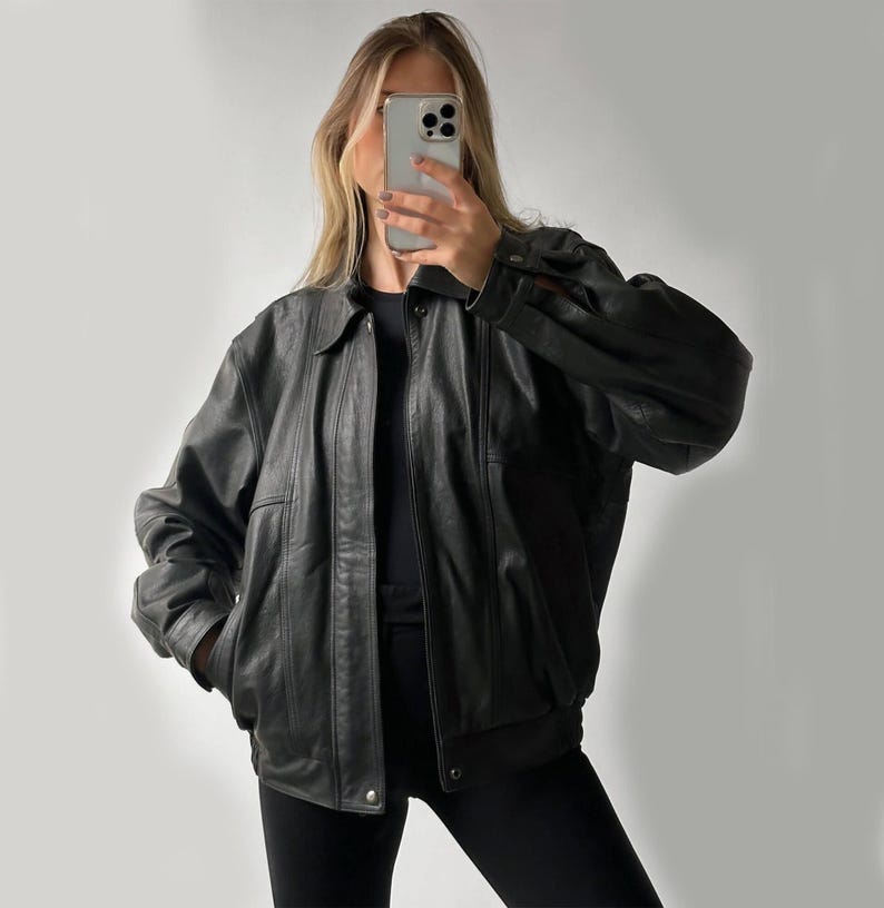 1990's Women Retro Vintage Black Oversized Leather Jacket, Ladies Handmade Oversize Bomber Lambskin Soft Real Leather Jacket, Christmas Gift