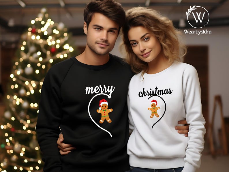 Couple Merry Christmas Sweater, His and Hers Matching Heart Christmas Sweatshirt, Cute Gingerbread Couple Printed Jumpers, Couples Xmas Gift