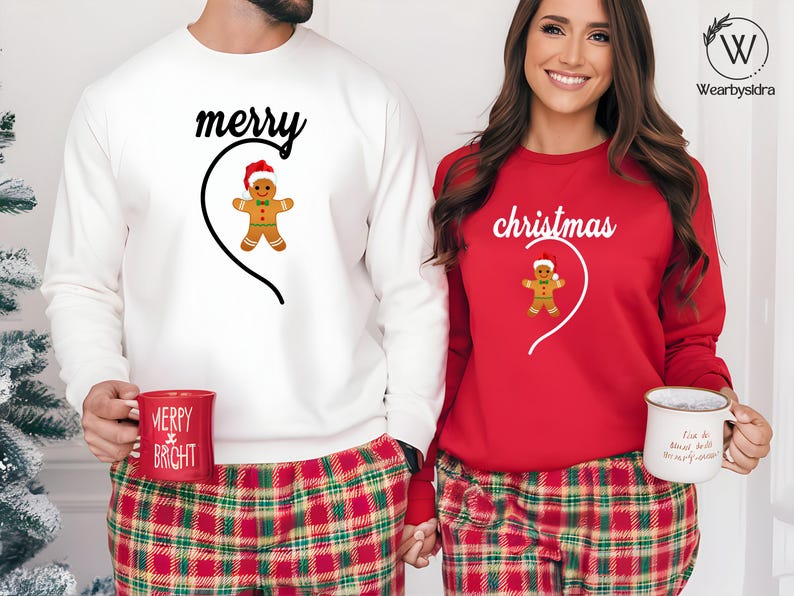 Couple Merry Christmas Sweater, His and Hers Matching Heart Christmas Sweatshirt, Cute Gingerbread Couple Printed Jumpers, Couples Xmas Gift