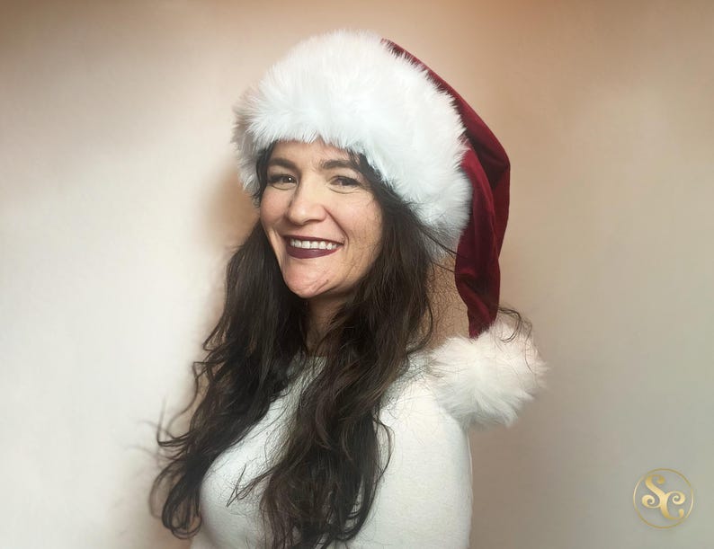 Classic Burgundy Santa Hat, Christmas, S - XXL Sizes, Luxury, Super Soft Plush with Arctic Fox Faux Fur