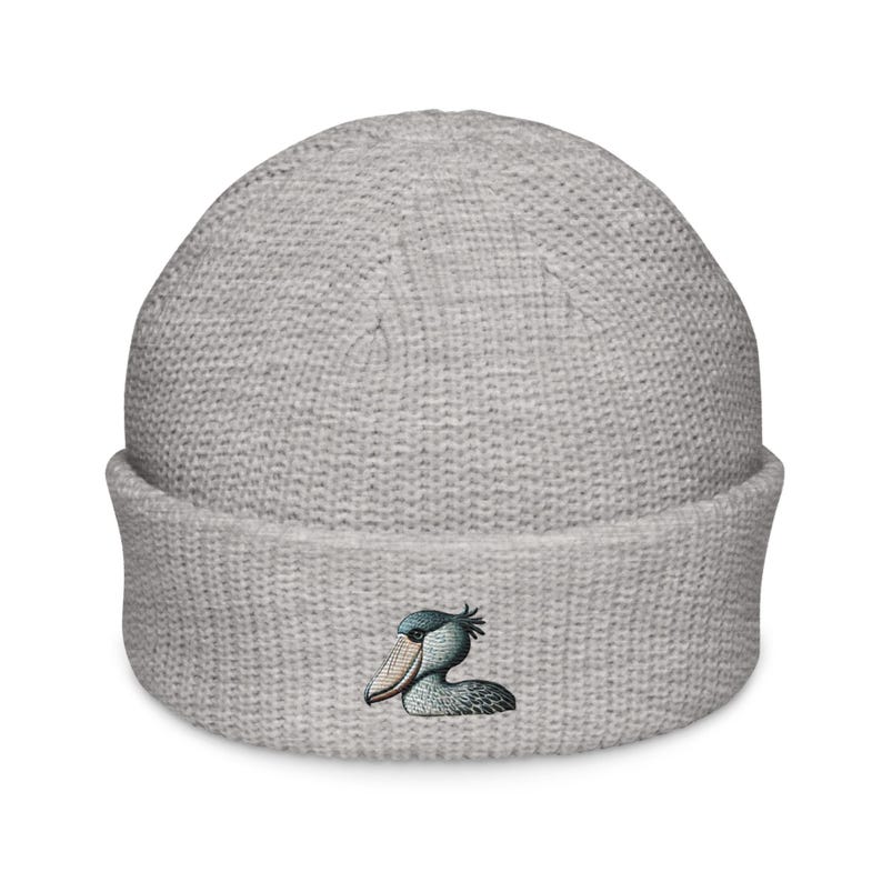 Embroidered Shoebill Stork Fisherman Beanie – Striking Wildlife Knit Hat Bird Hat