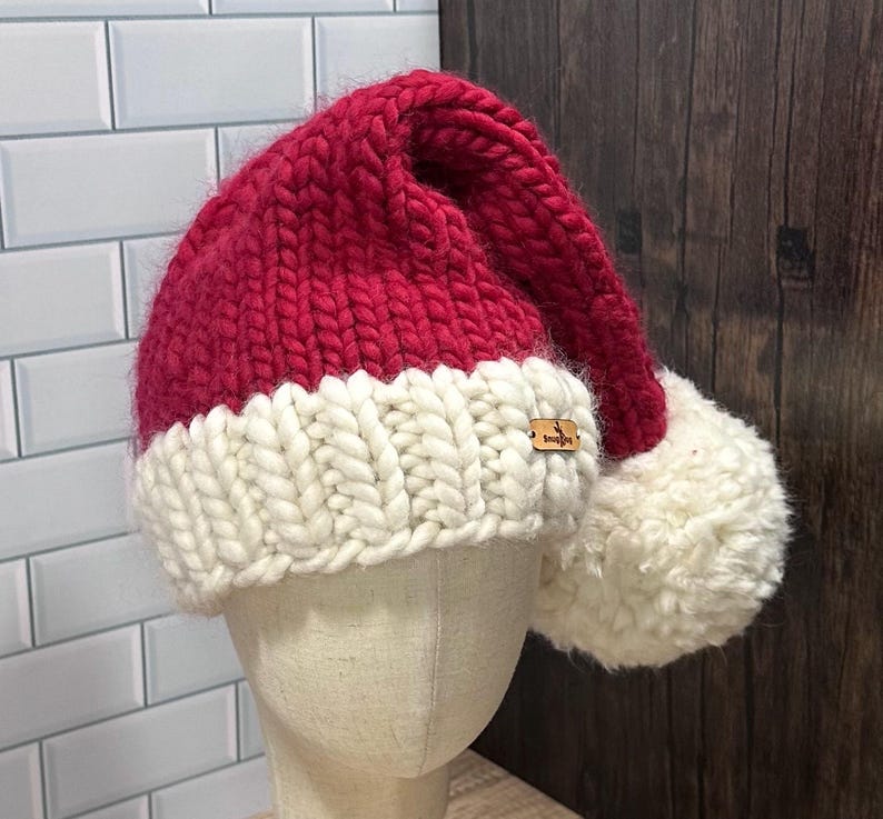 Chunky Hand Knit Santa Hat w/ Jumbo White Pom-Pom, Christmas Hat, Super Soft Merino Wool, Red Hat, White Bobble, Custom Size Holiday Beanie