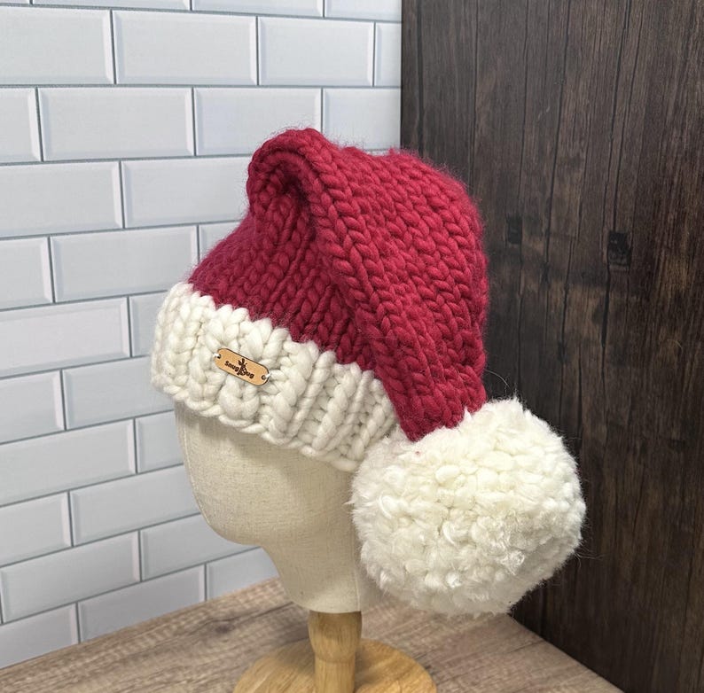 Chunky Hand Knit Santa Hat w/ Jumbo White Pom-Pom, Christmas Hat, Super Soft Merino Wool, Red Hat, White Bobble, Custom Size Holiday Beanie