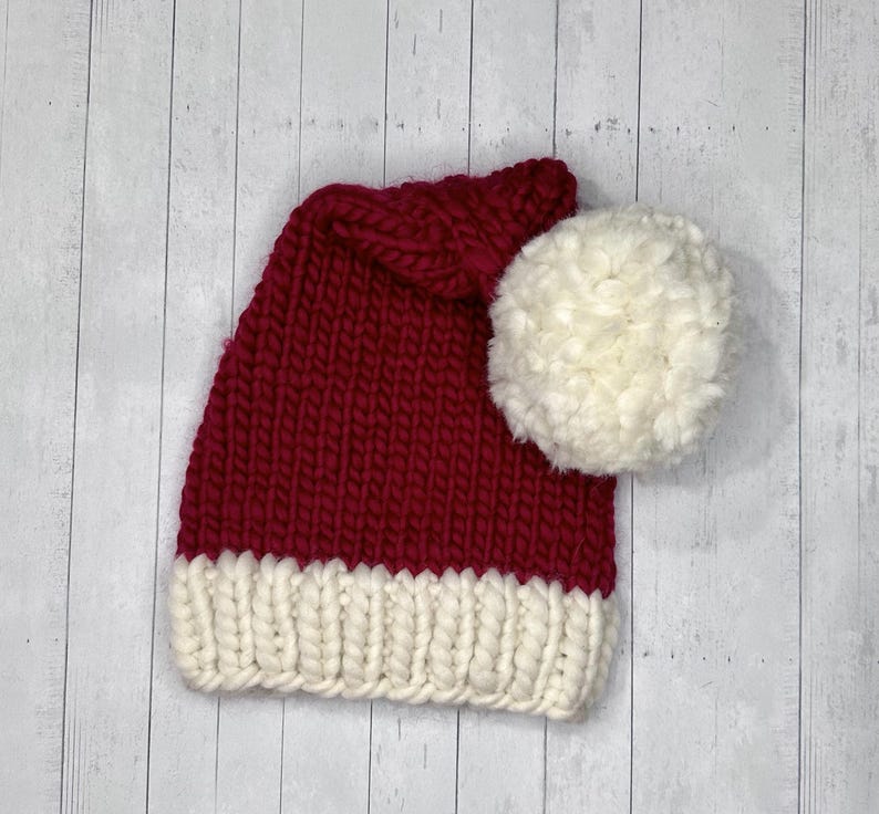 Chunky Hand Knit Santa Hat w/ Jumbo White Pom-Pom, Christmas Hat, Super Soft Merino Wool, Red Hat, White Bobble, Custom Size Holiday Beanie