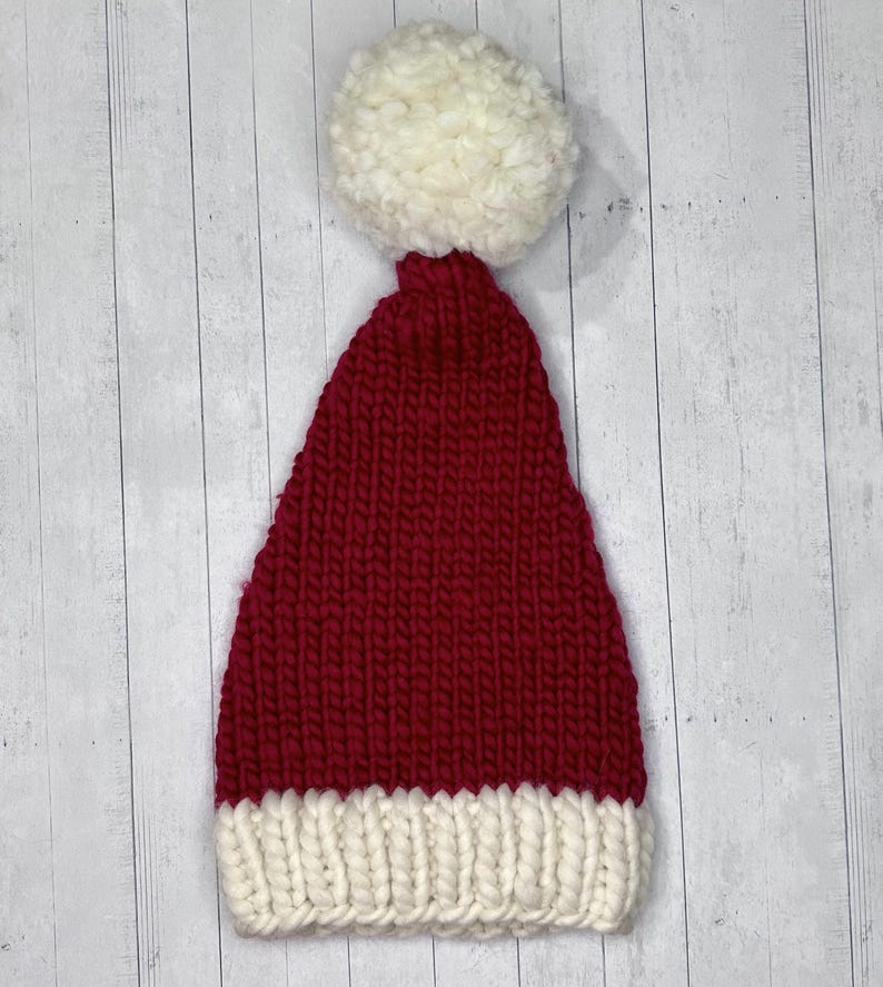 Chunky Hand Knit Santa Hat w/ Jumbo White Pom-Pom, Christmas Hat, Super Soft Merino Wool, Red Hat, White Bobble, Custom Size Holiday Beanie