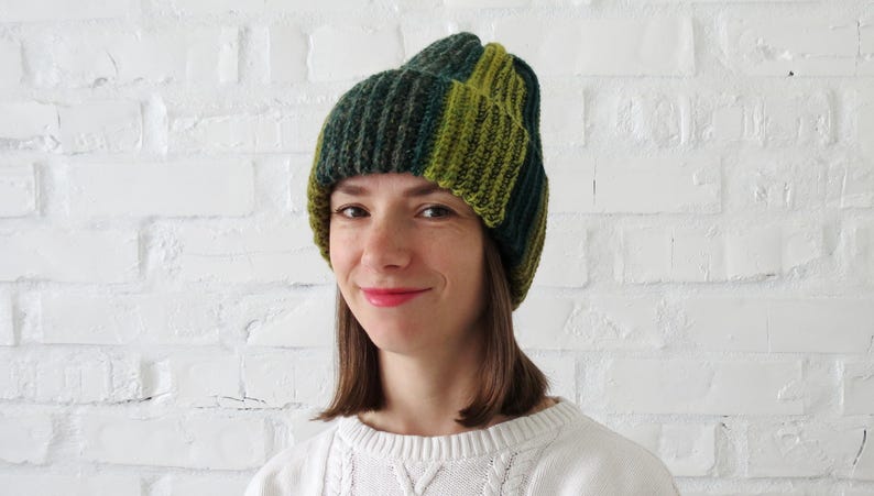 Hand crochet beanie Unique striped hat in green unisex Warm winter women cap Christmas Gift friend sister wife Hand knit colour hat