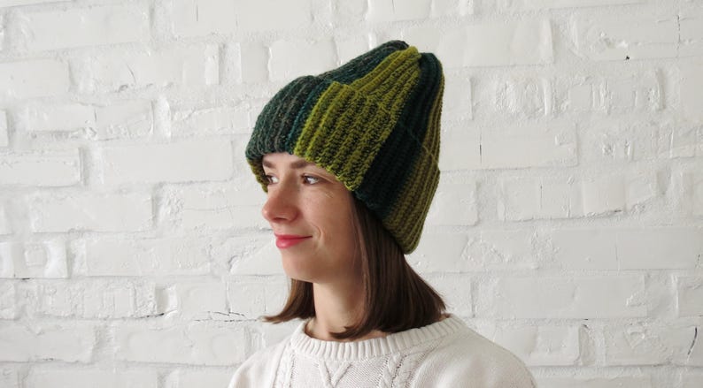 Hand crochet beanie Unique striped hat in green unisex Warm winter women cap Christmas Gift friend sister wife Hand knit colour hat