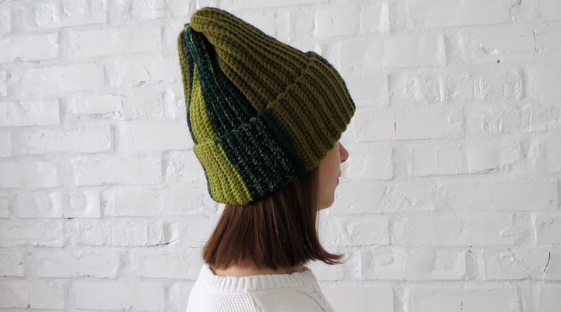 Hand crochet beanie Unique striped hat in green unisex Warm winter women cap Christmas Gift friend sister wife Hand knit colour hat