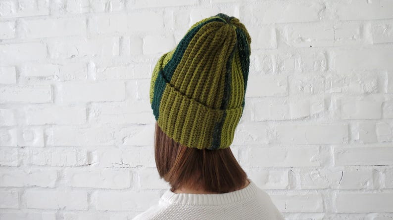 Hand crochet beanie Unique striped hat in green unisex Warm winter women cap Christmas Gift friend sister wife Hand knit colour hat