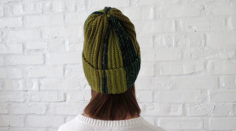 Hand crochet beanie Unique striped hat in green unisex Warm winter women cap Christmas Gift friend sister wife Hand knit colour hat