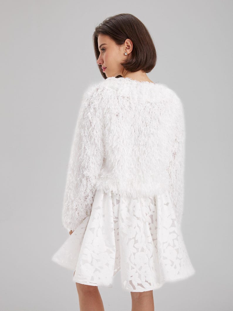 Fur jacket, white faux fur bridal shawl, feather crop jacket, wedding fur stole, winter wedding fur stole wrap, faux fur shrug, ivory wrap