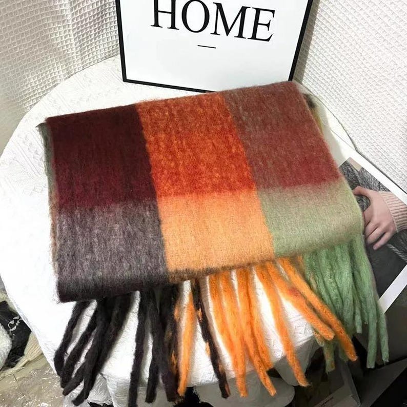 Irish Soft Lambswool Scarf - 100% Pure New Wool- Orange/Grey/Yellow Shadow Block Check -Unisex- 10" X 78" (25cmX200cm)- HANDMADE