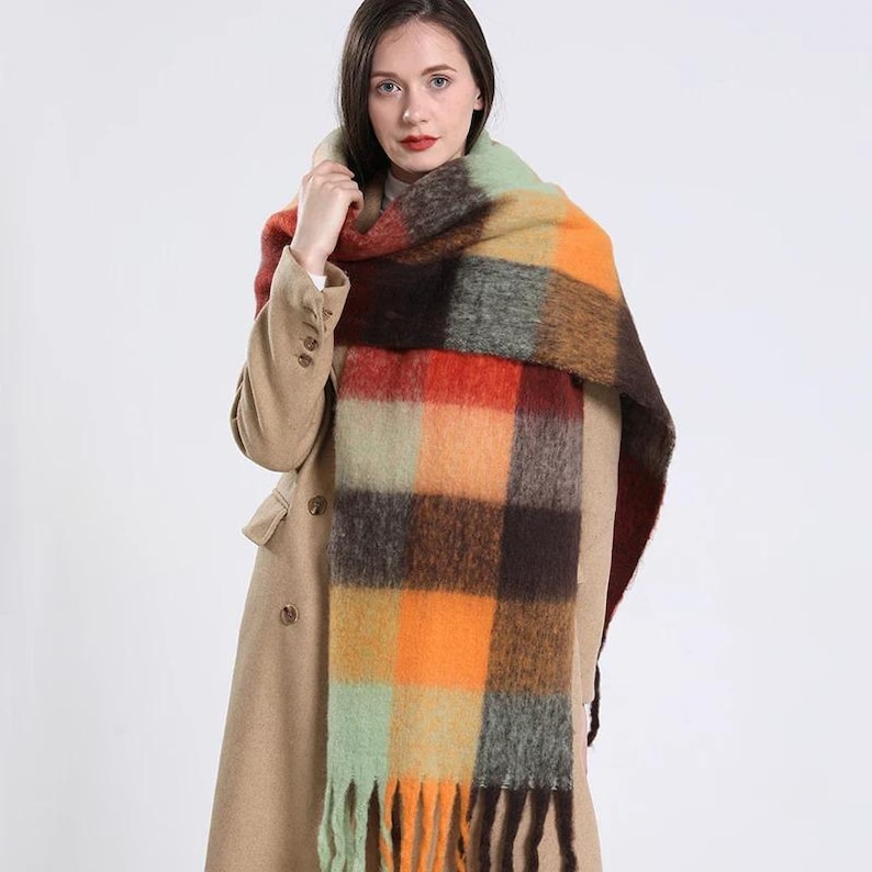 Irish Soft Lambswool Scarf - 100% Pure New Wool- Orange/Grey/Yellow Shadow Block Check -Unisex- 10" X 78" (25cmX200cm)- HANDMADE