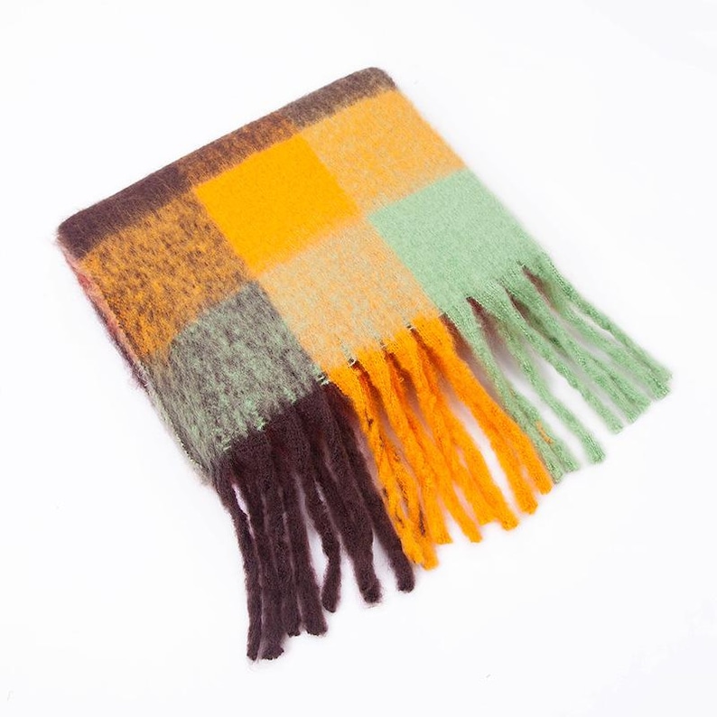 Irish Soft Lambswool Scarf - 100% Pure New Wool- Orange/Grey/Yellow Shadow Block Check -Unisex- 10" X 78" (25cmX200cm)- HANDMADE