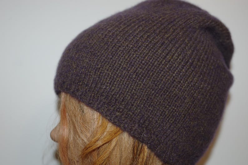 Cashmere Tweed Gray Purple Hand Knitted Beanie Hat