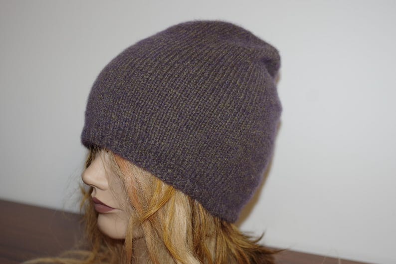 Cashmere Tweed Gray Purple Hand Knitted Beanie Hat