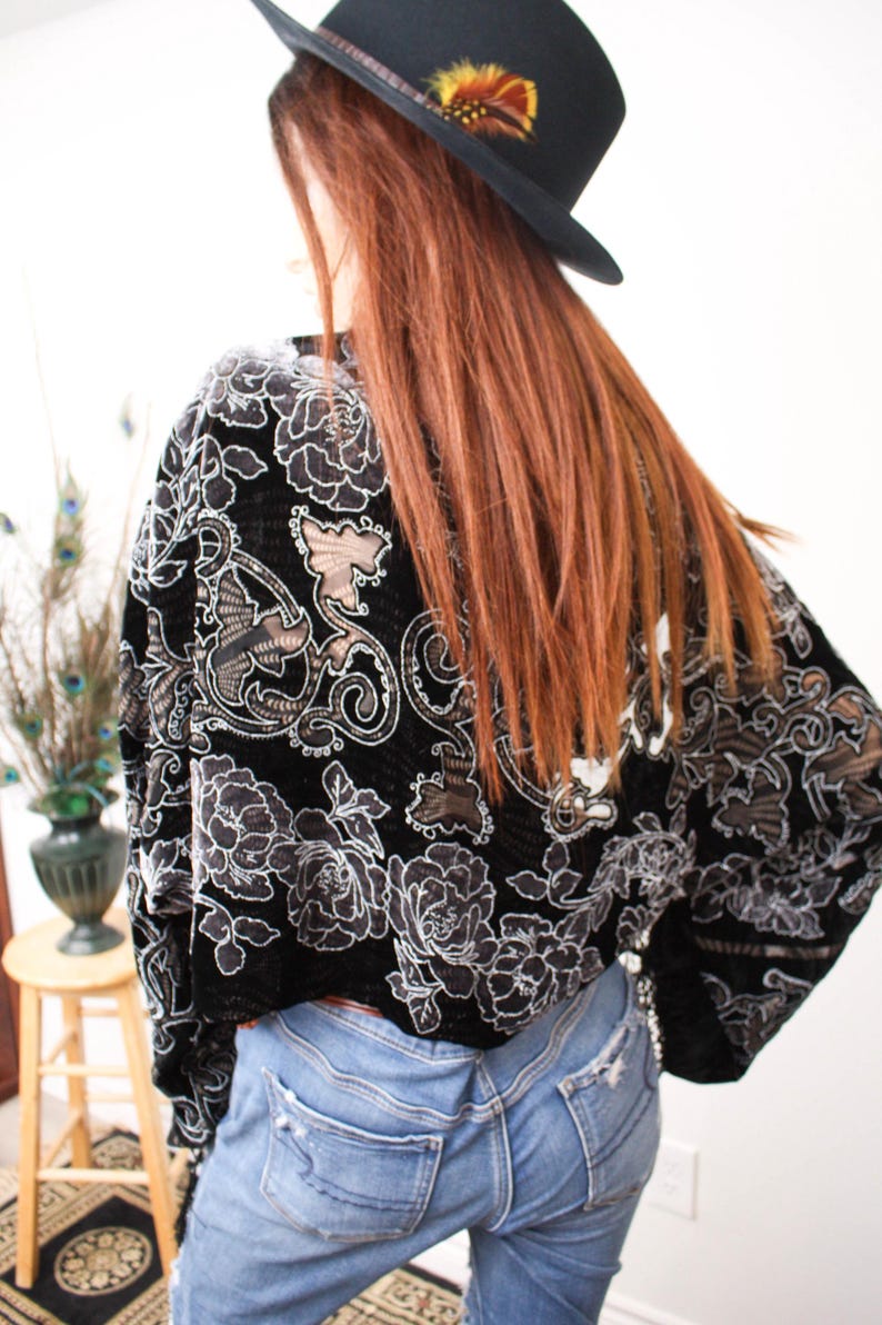 UpCycled FLORAL VELVET SHRUG | White Rose Bohemian Kimono | Festival Clothing | Womens Birthday Gift | Slow Fashion | Lace Motif