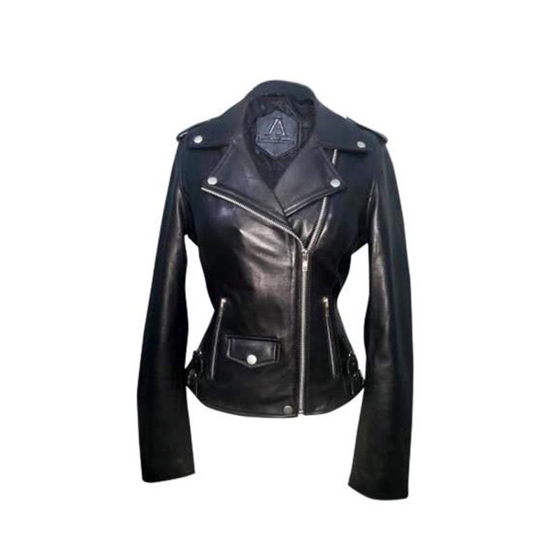 Women Black Color TASSEL Sheep Leather Biker Jacket. LA-W001