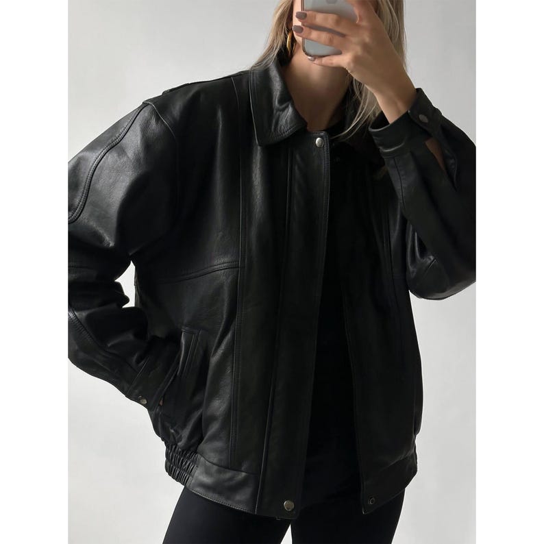 1990's Women Retro Vintage Black Oversized Leather Jacket, Ladies Handmade Oversize Bomber Lambskin Soft Real Leather Jacket, Christmas Gift