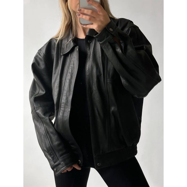 1990's Women Retro Vintage Black Oversized Leather Jacket, Ladies Handmade Oversize Bomber Lambskin Soft Real Leather Jacket, Christmas Gift