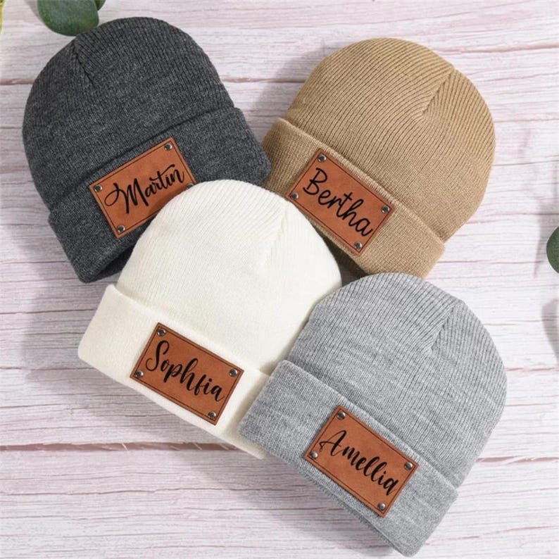 Personalized Beanie Hat, Unisex Winter Hat, Engraved Name Patch, Personalized Infant Knitted Beanie hat, Custom Hat, Baby Christmas Gift