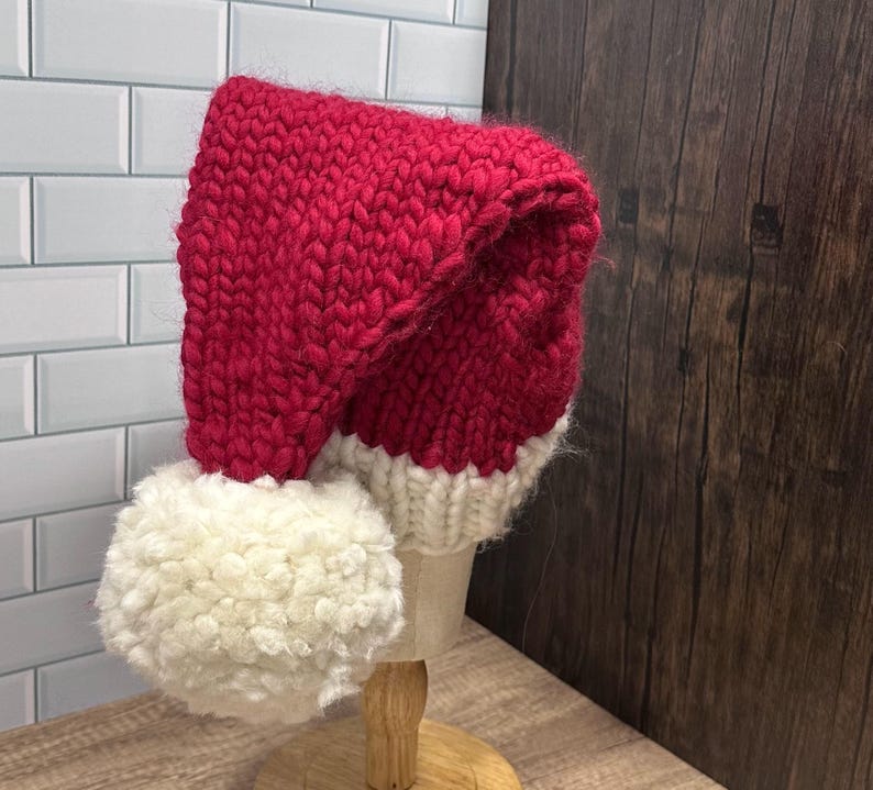 Chunky Hand Knit Santa Hat w/ Jumbo White Pom-Pom, Christmas Hat, Super Soft Merino Wool, Red Hat, White Bobble, Custom Size Holiday Beanie