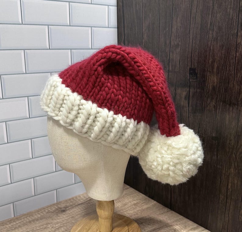 Chunky Hand Knit Santa Hat w/ Jumbo White Pom-Pom, Christmas Hat, Super Soft Merino Wool, Red Hat, White Bobble, Custom Size Holiday Beanie