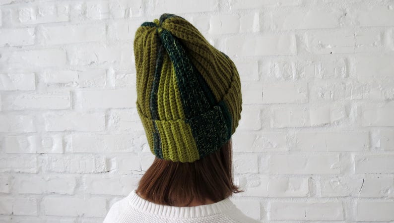 Hand crochet beanie Unique striped hat in green unisex Warm winter women cap Christmas Gift friend sister wife Hand knit colour hat