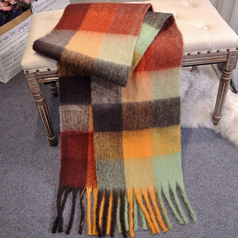 Irish Soft Lambswool Scarf - 100% Pure New Wool- Orange/Grey/Yellow Shadow Block Check -Unisex- 10" X 78" (25cmX200cm)- HANDMADE