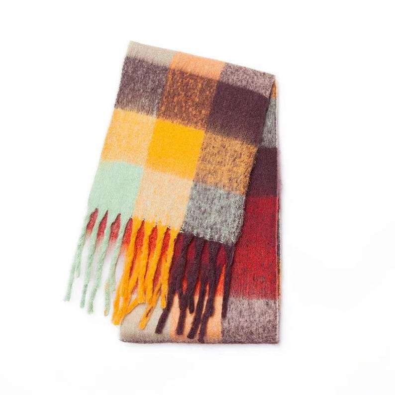 Irish Soft Lambswool Scarf - 100% Pure New Wool- Orange/Grey/Yellow Shadow Block Check -Unisex- 10" X 78" (25cmX200cm)- HANDMADE