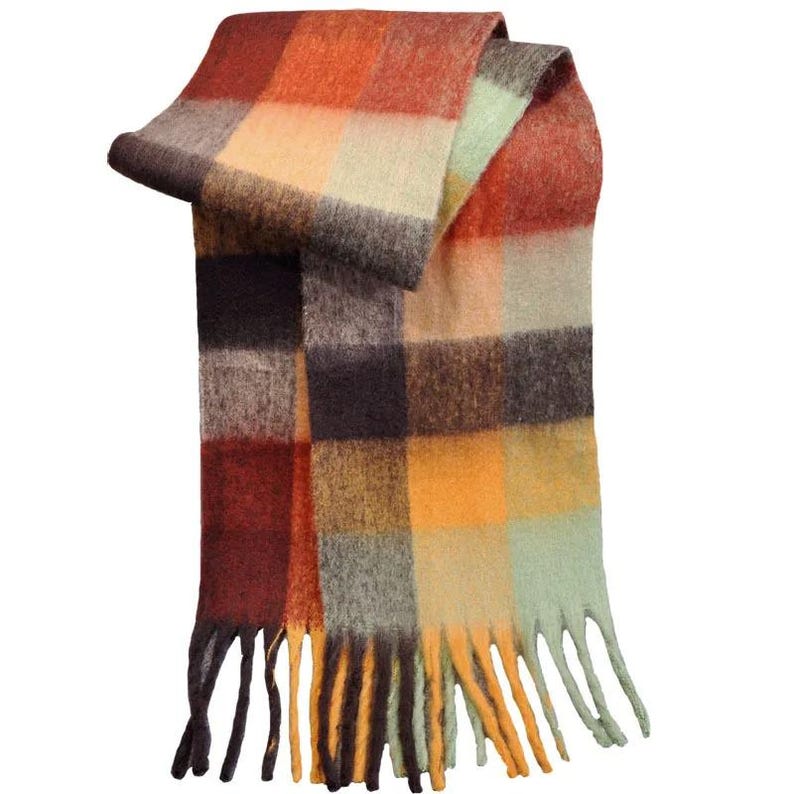 Irish Soft Lambswool Scarf - 100% Pure New Wool- Orange/Grey/Yellow Shadow Block Check -Unisex- 10" X 78" (25cmX200cm)- HANDMADE