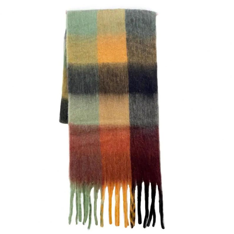 Irish Soft Lambswool Scarf - 100% Pure New Wool- Orange/Grey/Yellow Shadow Block Check -Unisex- 10" X 78" (25cmX200cm)- HANDMADE