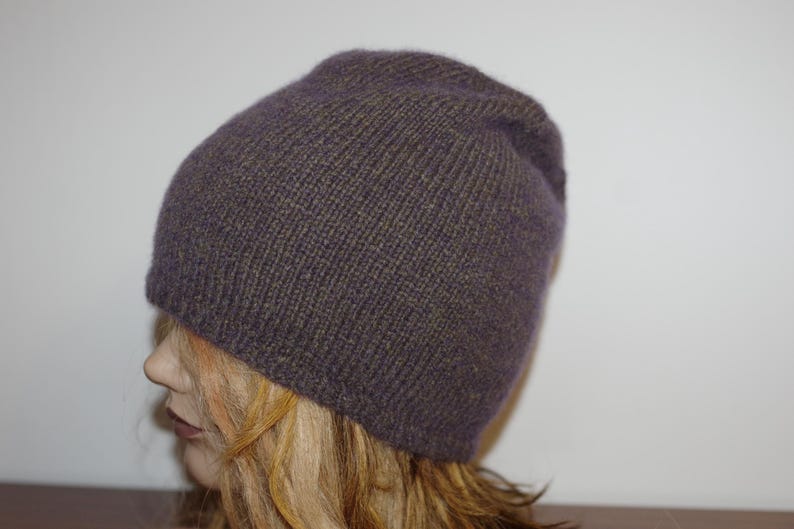 Cashmere Tweed Gray Purple Hand Knitted Beanie Hat