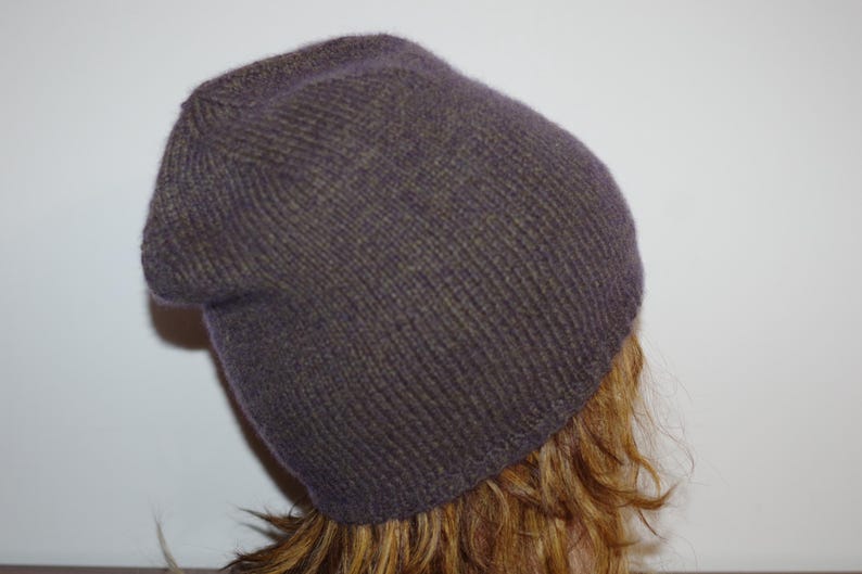 Cashmere Tweed Gray Purple Hand Knitted Beanie Hat