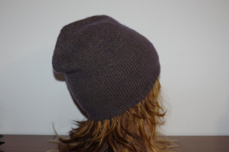 Cashmere Tweed Gray Purple Hand Knitted Beanie Hat