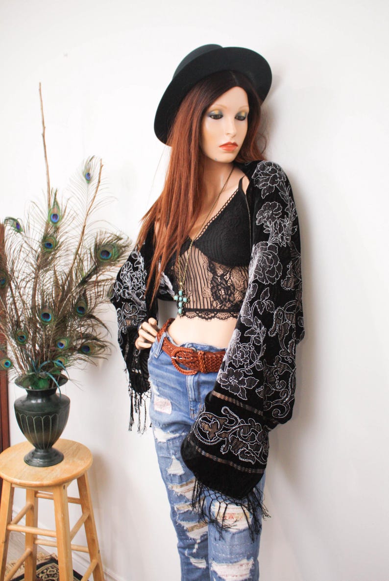 UpCycled FLORAL VELVET SHRUG | White Rose Bohemian Kimono | Festival Clothing | Womens Birthday Gift | Slow Fashion | Lace Motif