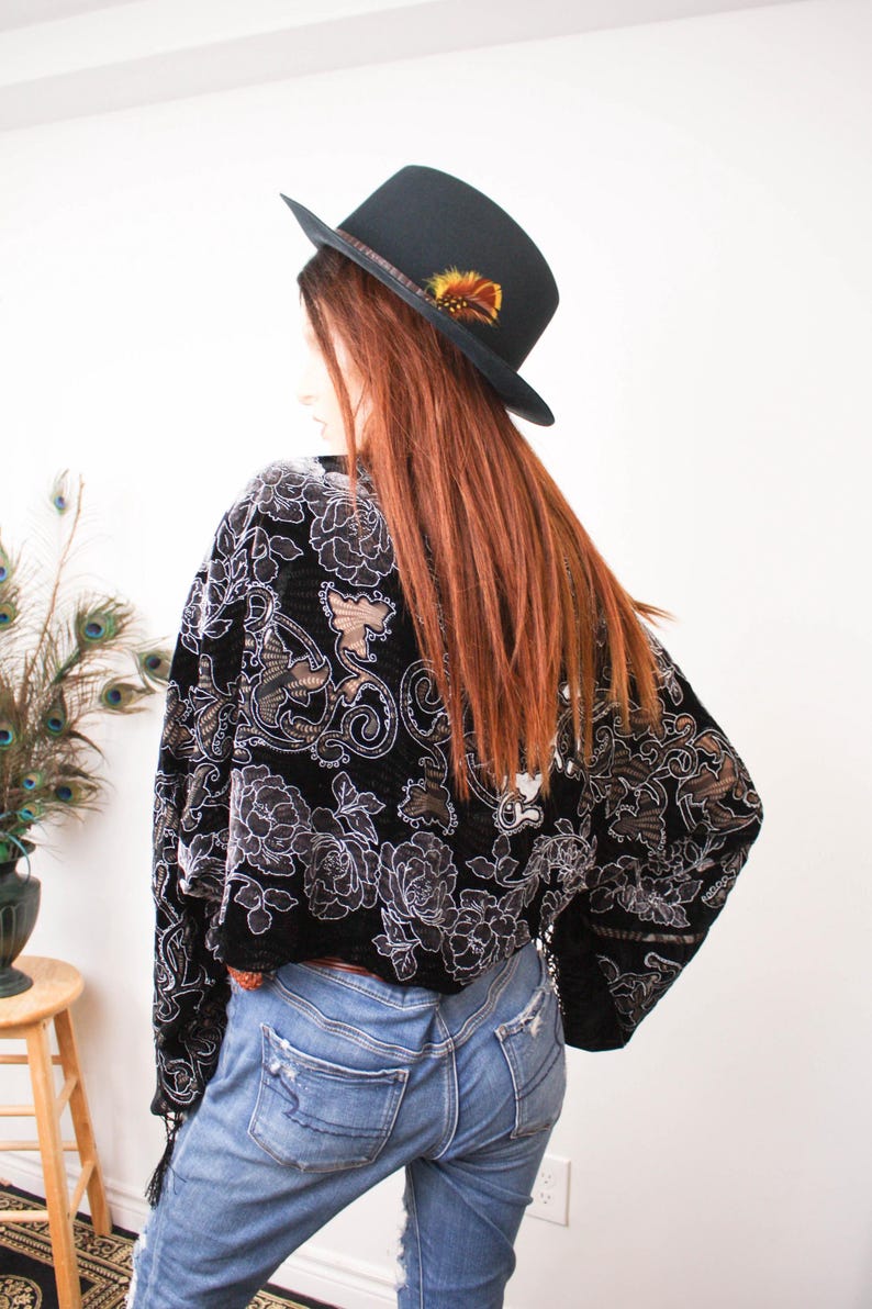 UpCycled FLORAL VELVET SHRUG | White Rose Bohemian Kimono | Festival Clothing | Womens Birthday Gift | Slow Fashion | Lace Motif