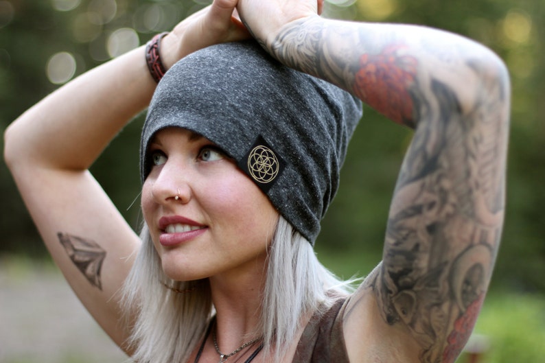 Organic made in the USA sacred beanie. SLATE mens beanie, beanies for women, slouch beanie, slouchy, seed of life, Sacred Geometry Shirt