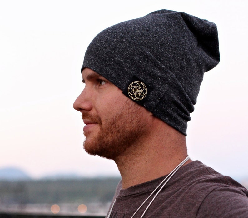 Organic made in the USA sacred beanie. SLATE mens beanie, beanies for women, slouch beanie, slouchy, seed of life, Sacred Geometry Shirt